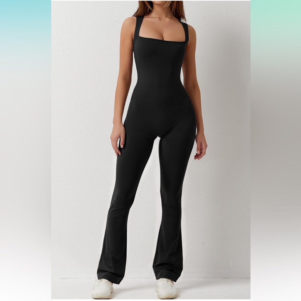 QINSEN Black Jumpsuit Sleeveless  Square Neck Stretch Flare Leggings Romper